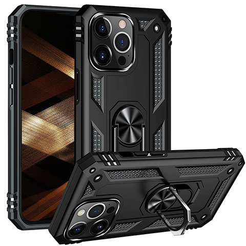 Funda Bumper Silicona y Plastico Mate Carcasa con Magnetico Anillo de dedo Soporte S05 para Apple iPhone 14 Pro Max Negro