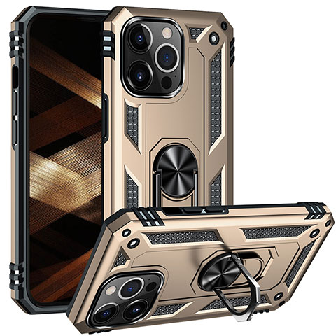 Funda Bumper Silicona y Plastico Mate Carcasa con Magnetico Anillo de dedo Soporte S05 para Apple iPhone 14 Pro Max Oro