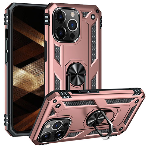 Funda Bumper Silicona y Plastico Mate Carcasa con Magnetico Anillo de dedo Soporte S05 para Apple iPhone 14 Pro Max Oro Rosa