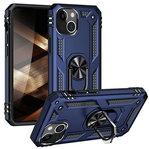 Funda Bumper Silicona y Plastico Mate Carcasa con Magnetico Anillo de dedo Soporte S05 para Apple iPhone 15 Plus Azul