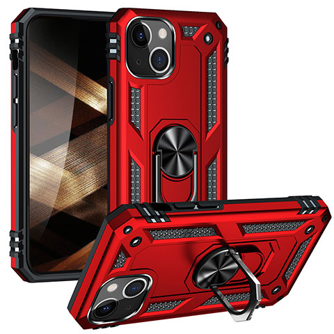 Funda Bumper Silicona y Plastico Mate Carcasa con Magnetico Anillo de dedo Soporte S05 para Apple iPhone 15 Plus Rojo