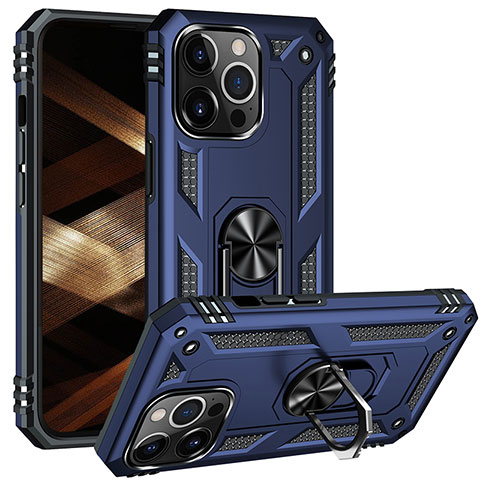 Funda Bumper Silicona y Plastico Mate Carcasa con Magnetico Anillo de dedo Soporte S05 para Apple iPhone 15 Pro Azul