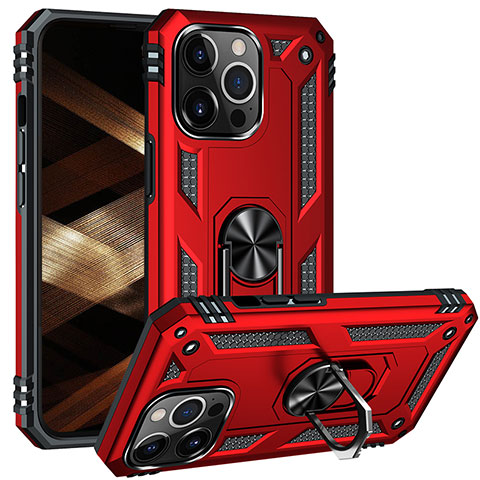 Funda Bumper Silicona y Plastico Mate Carcasa con Magnetico Anillo de dedo Soporte S05 para Apple iPhone 15 Pro Rojo