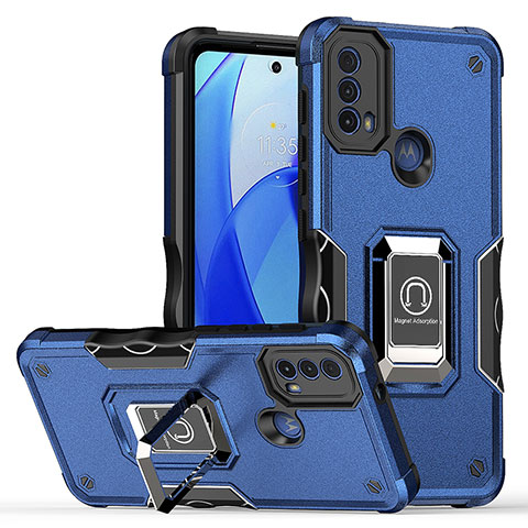 Funda Bumper Silicona y Plastico Mate Carcasa con Magnetico Anillo de dedo Soporte S05 para Motorola Moto E40 Azul