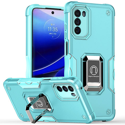 Funda Bumper Silicona y Plastico Mate Carcasa con Magnetico Anillo de dedo Soporte S05 para Motorola Moto G 5G (2022) Cian