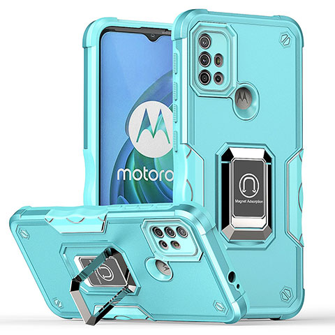 Funda Bumper Silicona y Plastico Mate Carcasa con Magnetico Anillo de dedo Soporte S05 para Motorola Moto G10 Power Cian