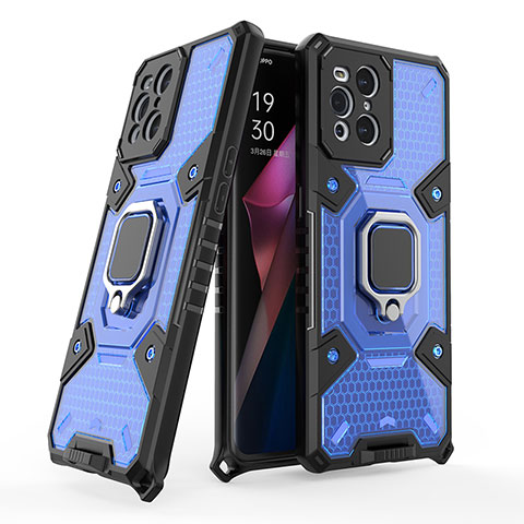 Funda Bumper Silicona y Plastico Mate Carcasa con Magnetico Anillo de dedo Soporte S05 para Oppo Find X3 5G Azul