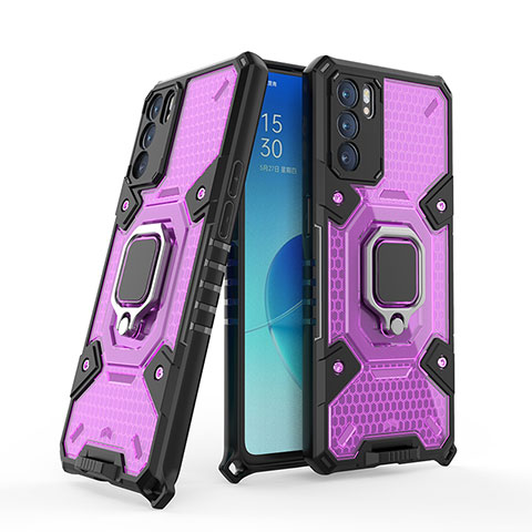 Funda Bumper Silicona y Plastico Mate Carcasa con Magnetico Anillo de dedo Soporte S05 para Oppo Reno6 5G Morado