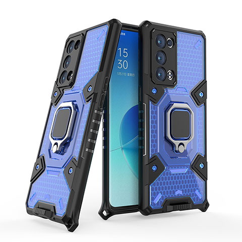 Funda Bumper Silicona y Plastico Mate Carcasa con Magnetico Anillo de dedo Soporte S05 para Oppo Reno6 Pro+ Plus 5G Azul