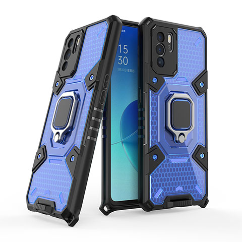 Funda Bumper Silicona y Plastico Mate Carcasa con Magnetico Anillo de dedo Soporte S05 para Oppo Reno6 Z 5G Azul