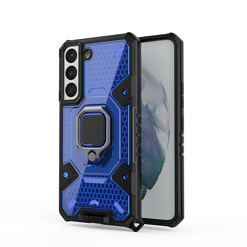Funda Bumper Silicona y Plastico Mate Carcasa con Magnetico Anillo de dedo Soporte S05 para Samsung Galaxy S21 FE 5G Azul
