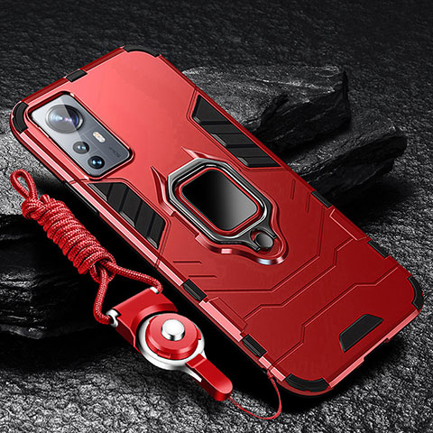 Funda Bumper Silicona y Plastico Mate Carcasa con Magnetico Anillo de dedo Soporte S05 para Xiaomi Mi 12X 5G Rojo