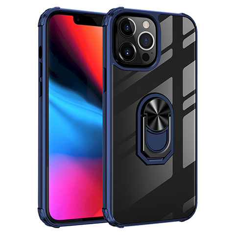 Funda Bumper Silicona y Plastico Mate Carcasa con Magnetico Anillo de dedo Soporte S06 para Apple iPhone 13 Pro Max Azul