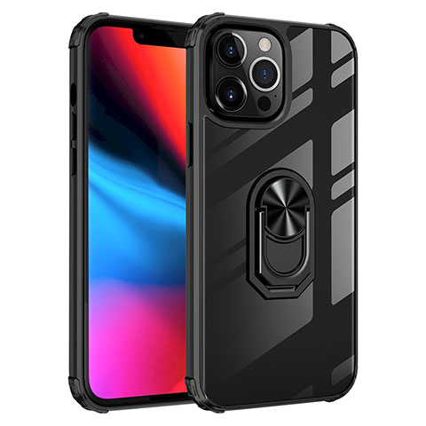 Funda Bumper Silicona y Plastico Mate Carcasa con Magnetico Anillo de dedo Soporte S06 para Apple iPhone 13 Pro Max Negro