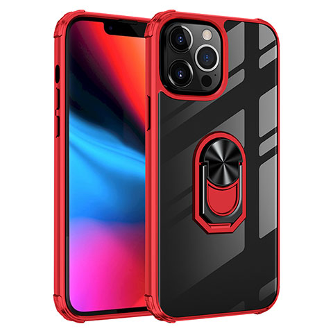 Funda Bumper Silicona y Plastico Mate Carcasa con Magnetico Anillo de dedo Soporte S06 para Apple iPhone 13 Pro Rojo