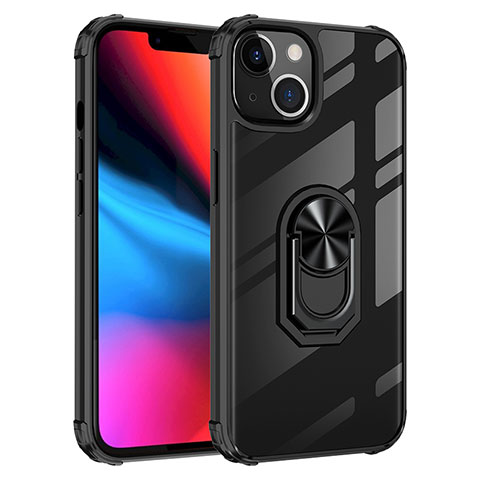 Funda Bumper Silicona y Plastico Mate Carcasa con Magnetico Anillo de dedo Soporte S06 para Apple iPhone 14 Plus Negro