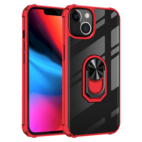 Funda Bumper Silicona y Plastico Mate Carcasa con Magnetico Anillo de dedo Soporte S06 para Apple iPhone 14 Plus Rojo