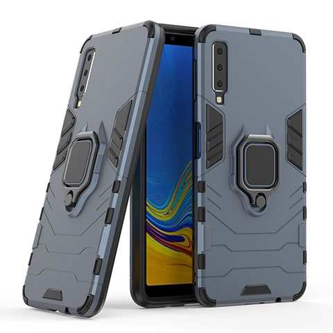 Funda Bumper Silicona y Plastico Mate Carcasa con Magnetico Anillo de dedo Soporte S06 para Samsung Galaxy A7 (2018) A750 Azul