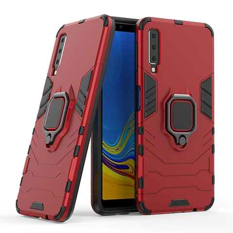 Funda Bumper Silicona y Plastico Mate Carcasa con Magnetico Anillo de dedo Soporte S06 para Samsung Galaxy A7 (2018) A750 Rojo