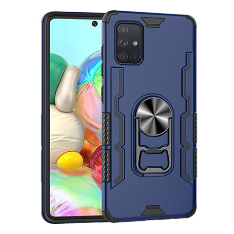 Funda Bumper Silicona y Plastico Mate Carcasa con Magnetico Anillo de dedo Soporte S06 para Samsung Galaxy A71 5G Azul