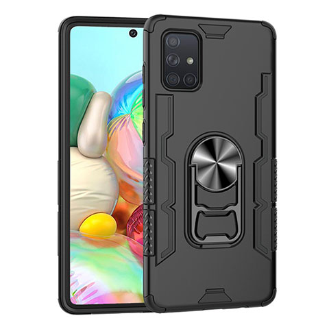 Funda Bumper Silicona y Plastico Mate Carcasa con Magnetico Anillo de dedo Soporte S06 para Samsung Galaxy A71 5G Negro