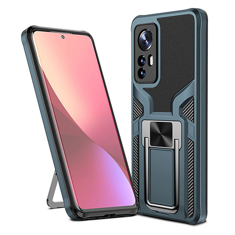 Funda Bumper Silicona y Plastico Mate Carcasa con Magnetico Anillo de dedo Soporte S06 para Xiaomi Mi 12 5G Cian