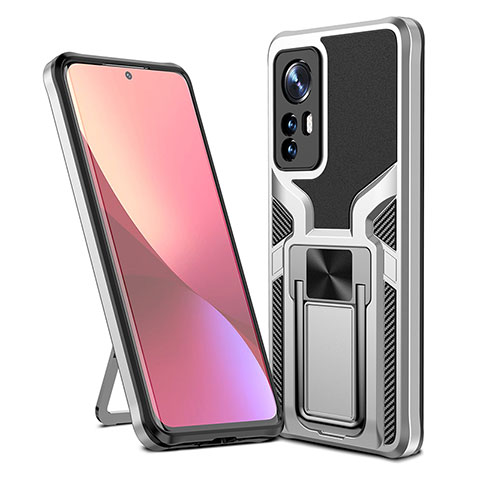 Funda Bumper Silicona y Plastico Mate Carcasa con Magnetico Anillo de dedo Soporte S06 para Xiaomi Mi 12 5G Plata