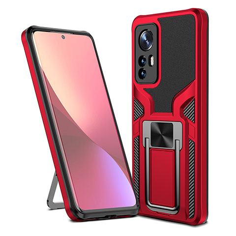 Funda Bumper Silicona y Plastico Mate Carcasa con Magnetico Anillo de dedo Soporte S06 para Xiaomi Mi 12 5G Rojo