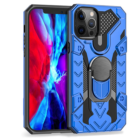 Funda Bumper Silicona y Plastico Mate Carcasa con Magnetico Anillo de dedo Soporte S07 para Apple iPhone 12 Pro Azul