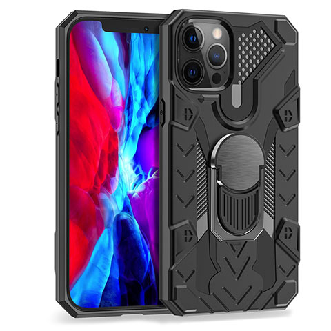 Funda Bumper Silicona y Plastico Mate Carcasa con Magnetico Anillo de dedo Soporte S07 para Apple iPhone 12 Pro Max Negro