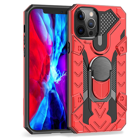 Funda Bumper Silicona y Plastico Mate Carcasa con Magnetico Anillo de dedo Soporte S07 para Apple iPhone 12 Pro Max Rojo