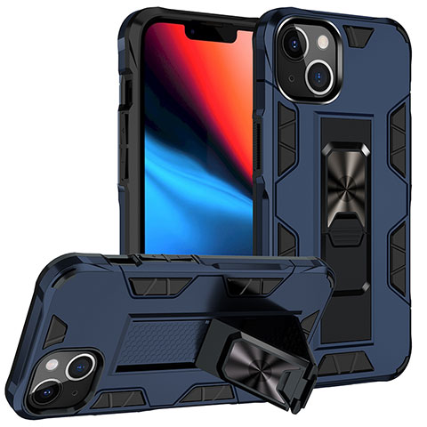 Funda Bumper Silicona y Plastico Mate Carcasa con Magnetico Anillo de dedo Soporte S07 para Apple iPhone 13 Azul