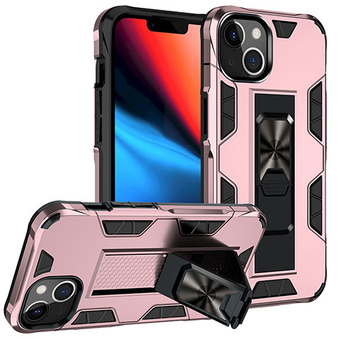 Funda Bumper Silicona y Plastico Mate Carcasa con Magnetico Anillo de dedo Soporte S07 para Apple iPhone 13 Oro Rosa