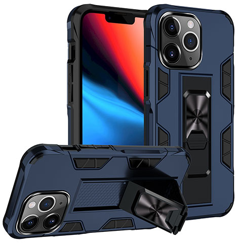 Funda Bumper Silicona y Plastico Mate Carcasa con Magnetico Anillo de dedo Soporte S07 para Apple iPhone 13 Pro Azul