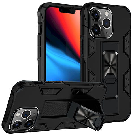 Funda Bumper Silicona y Plastico Mate Carcasa con Magnetico Anillo de dedo Soporte S07 para Apple iPhone 13 Pro Negro