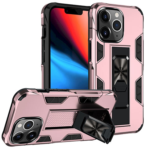 Funda Bumper Silicona y Plastico Mate Carcasa con Magnetico Anillo de dedo Soporte S07 para Apple iPhone 13 Pro Oro Rosa