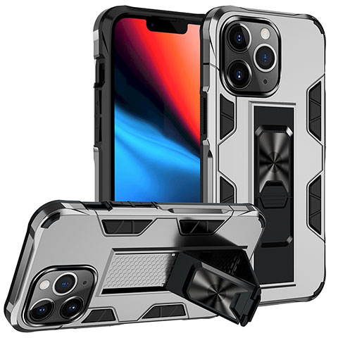 Funda Bumper Silicona y Plastico Mate Carcasa con Magnetico Anillo de dedo Soporte S07 para Apple iPhone 13 Pro Plata