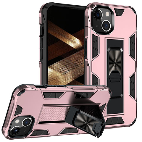 Funda Bumper Silicona y Plastico Mate Carcasa con Magnetico Anillo de dedo Soporte S07 para Apple iPhone 15 Oro Rosa