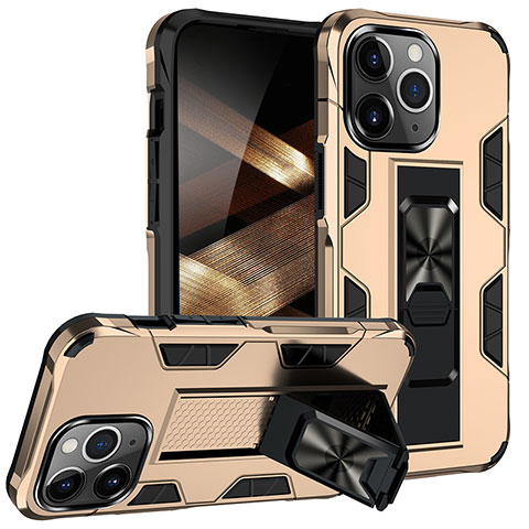 Funda Bumper Silicona y Plastico Mate Carcasa con Magnetico Anillo de dedo Soporte S07 para Apple iPhone 15 Pro Oro