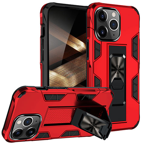 Funda Bumper Silicona y Plastico Mate Carcasa con Magnetico Anillo de dedo Soporte S07 para Apple iPhone 15 Pro Rojo