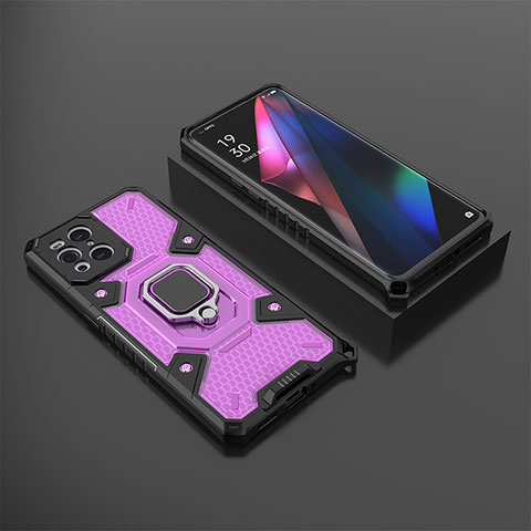 Funda Bumper Silicona y Plastico Mate Carcasa con Magnetico Anillo de dedo Soporte S07 para Oppo Find X3 Pro 5G Morado