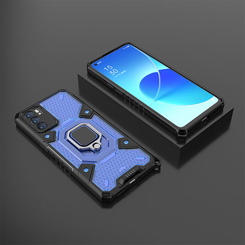 Funda Bumper Silicona y Plastico Mate Carcasa con Magnetico Anillo de dedo Soporte S07 para Oppo Reno6 5G Azul