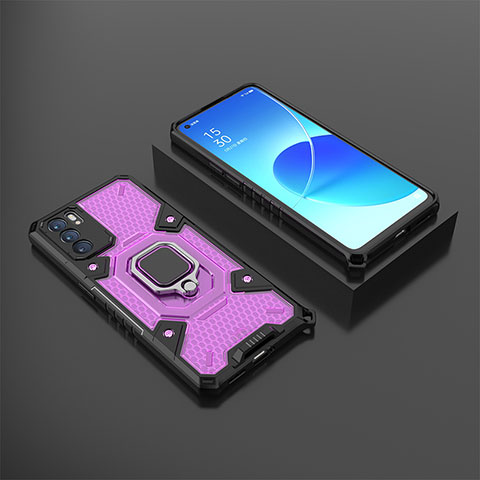 Funda Bumper Silicona y Plastico Mate Carcasa con Magnetico Anillo de dedo Soporte S07 para Oppo Reno6 5G Morado