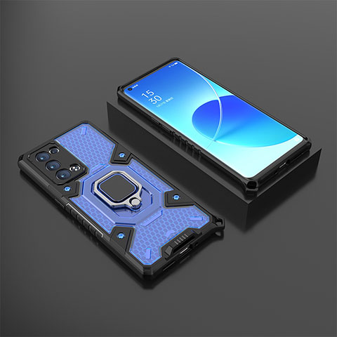 Funda Bumper Silicona y Plastico Mate Carcasa con Magnetico Anillo de dedo Soporte S07 para Oppo Reno6 Pro 5G Azul