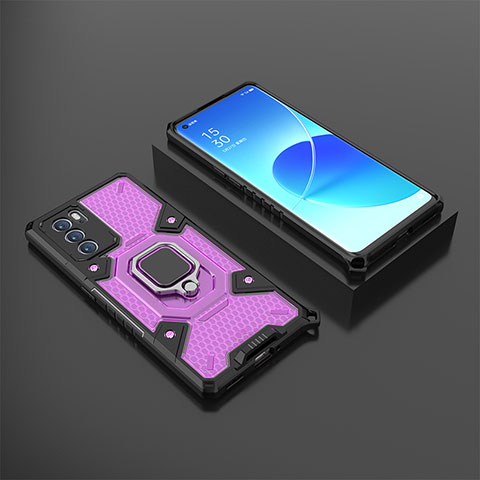 Funda Bumper Silicona y Plastico Mate Carcasa con Magnetico Anillo de dedo Soporte S07 para Oppo Reno6 Pro 5G India Morado