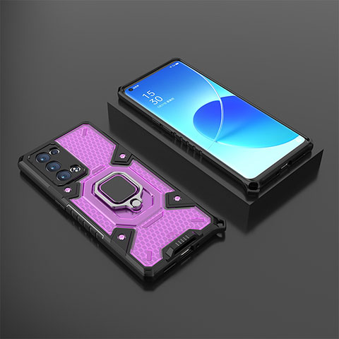 Funda Bumper Silicona y Plastico Mate Carcasa con Magnetico Anillo de dedo Soporte S07 para Oppo Reno6 Pro 5G Morado