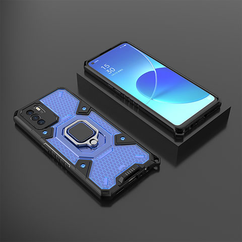 Funda Bumper Silicona y Plastico Mate Carcasa con Magnetico Anillo de dedo Soporte S07 para Oppo Reno6 Z 5G Azul