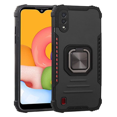 Funda Bumper Silicona y Plastico Mate Carcasa con Magnetico Anillo de dedo Soporte S07 para Samsung Galaxy A01 SM-A015 Negro