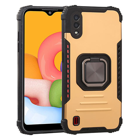 Funda Bumper Silicona y Plastico Mate Carcasa con Magnetico Anillo de dedo Soporte S07 para Samsung Galaxy A01 SM-A015 Oro