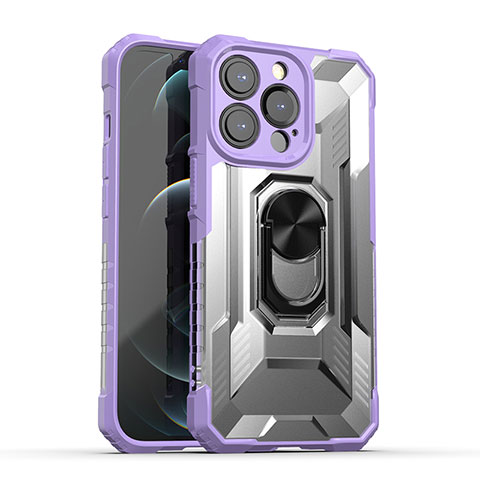 Funda Bumper Silicona y Plastico Mate Carcasa con Magnetico Anillo de dedo Soporte S08 para Apple iPhone 13 Pro Morado